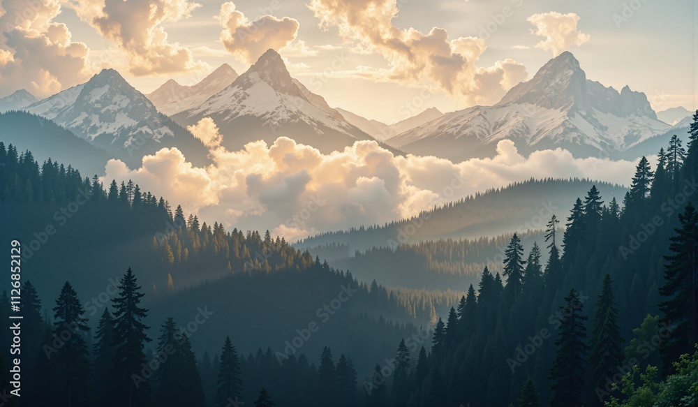 Fototapeta premium Aerial view of mountain peak above fluffy clouds
