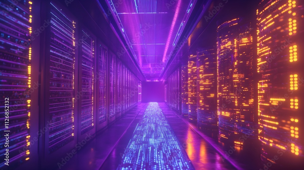 Inside the server room of the future Surrounded by bright purple and blue light Modern servers highlighting the high-tech nature of the environment. Inside the server room of the future Surrounded by bright purple and blue light Modern servers highlighting the high-tech nature of the environment.