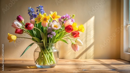 A Vibrant Bouquet of Spring Flowers in a Glass Vase on a Wooden Table with Warm Sunlight Streaming Through a Window