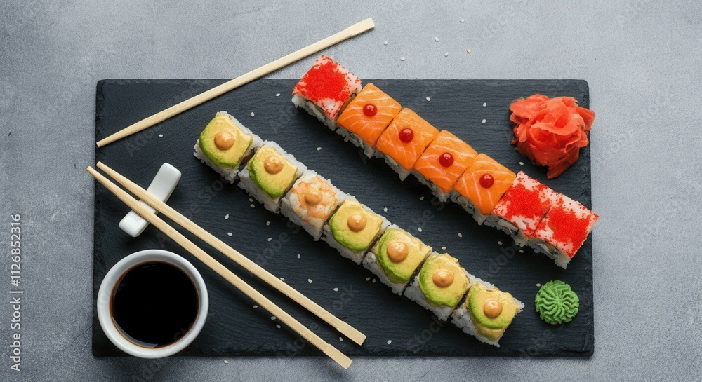 Delicious sushi assortment on slate with chopsticks soy sauce Delicious sushi assortment on slate with chopsticks soy sauce