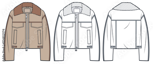 Jacket with Fur collar technical fashion Illustration. Leather Jacket fashion flat technical drawing template, zipper, pockets, front, back view, white, mocha, women, men, unisex Coat CAD mockup set.