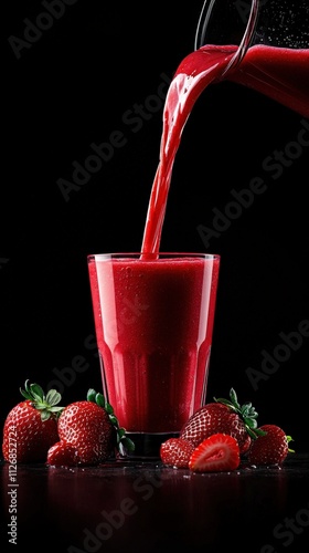 A vibrant red smoothie being poured into a glass, with strawberries in the foreground.