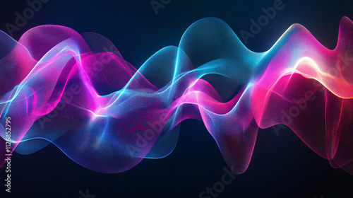 Abstract waveforms in neon colors, undulating across a dark background, representing sound or energy. 
