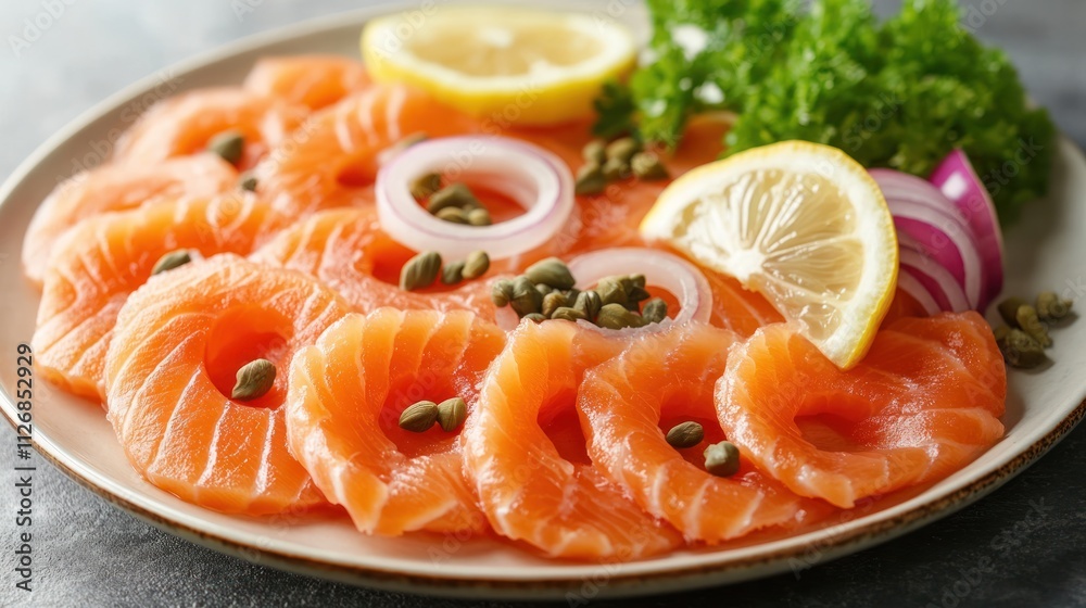 A plate of sliced salmon garnished with lemon, onions, and capers, ready for serving. A plate of sliced salmon garnished with lemon, onions, and capers, ready for serving.