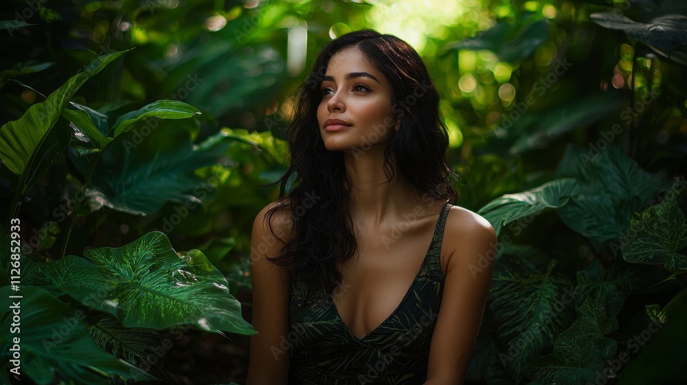 Serene Woman Sitting in Lush Outdoor Setting Serene Woman Sitting in Lush Outdoor Setting