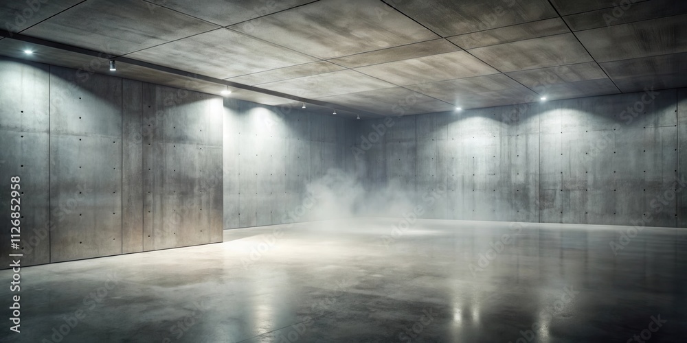 A dimly lit concrete room with a hazy atmosphere and soft light reflections on the polished floor