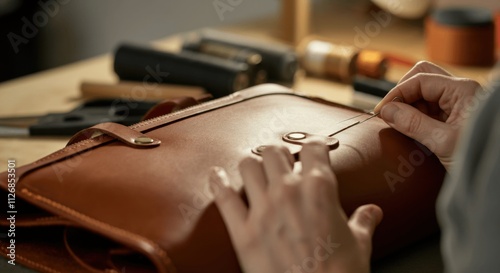 Artisan hand-stitching custom leather bag in workshop