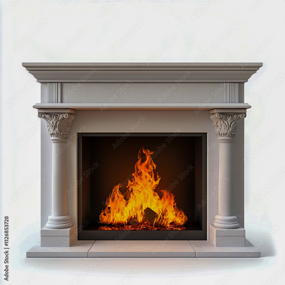 A fireplace with a fire on white background. A fireplace with a fire on white background.