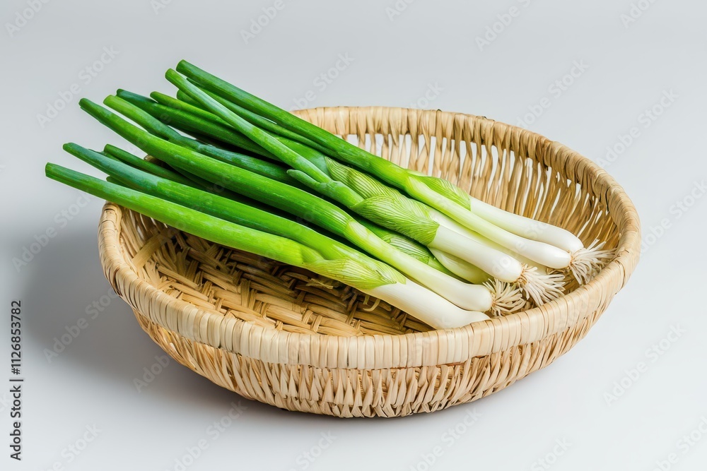 Fresh green onions arranged in a woven basket, showcasing vibrant colors and textures, perfect for culinary uses and garnishes. Fresh green onions arranged in a woven basket, showcasing vibrant colors and textures, perfect for culinary uses and garnishes.