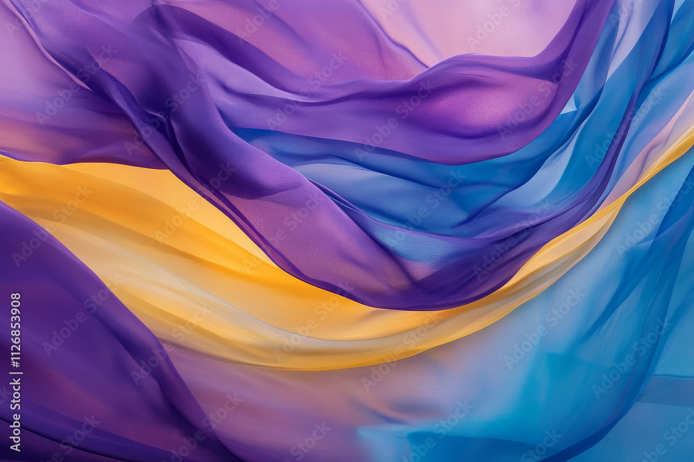 Obraz premium A vibrant background featuring smooth gradient waves in shades of purple, blue, and yellow, creating a flowing composition.