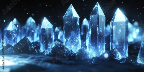 A futuristic lineup of glowing geometric crystals shimmering in radiant blue tones with faint orbs of light. photo