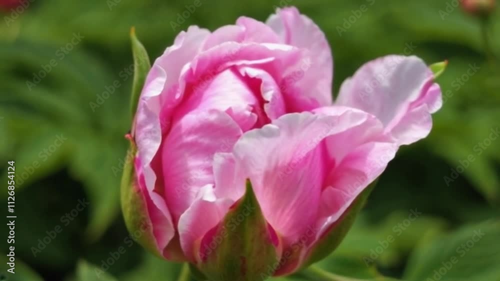 Peony flowering, opening petals on big bud Peony flowering, opening petals on big bud