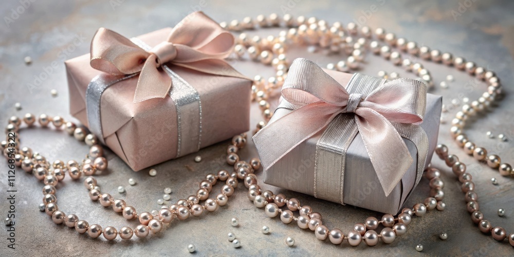 Two Delicate Gift Boxes Adorned with Satin Ribbons and Pearl Necklaces on a Textured Surface Two Delicate Gift Boxes Adorned with Satin Ribbons and Pearl Necklaces on a Textured Surface