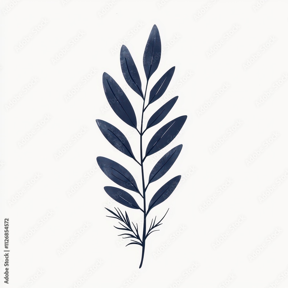 Fototapeta premium A stylized botanical illustration of a dark blue leafy branch against a white background, showcasing elegant natural forms.