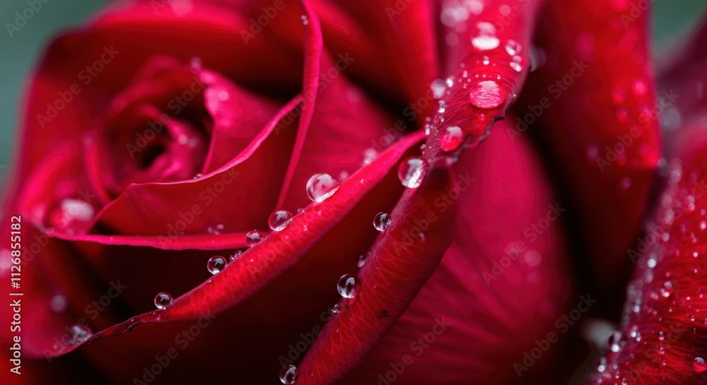 close-up of vibrant red rose with delicate water droplets