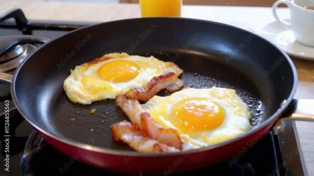 Putting frying pan with freshly fried eggs and bacon on table with served nourishing balanced breakfast - morning meal preparation 4k footage Putting frying pan with freshly fried eggs and bacon on table with served nourishing balanced breakfast - morning meal preparation 4k footage
