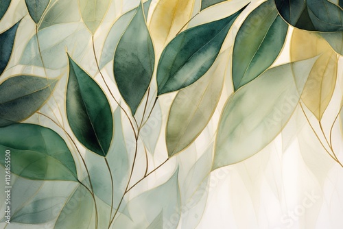 Lines Arrangement abstract watercolor pattern with line art leaves. Vector modern tropical background. Floral leafy pattern. Fashion trendy abstract arrangements with tropical lines flowers, leaves.
