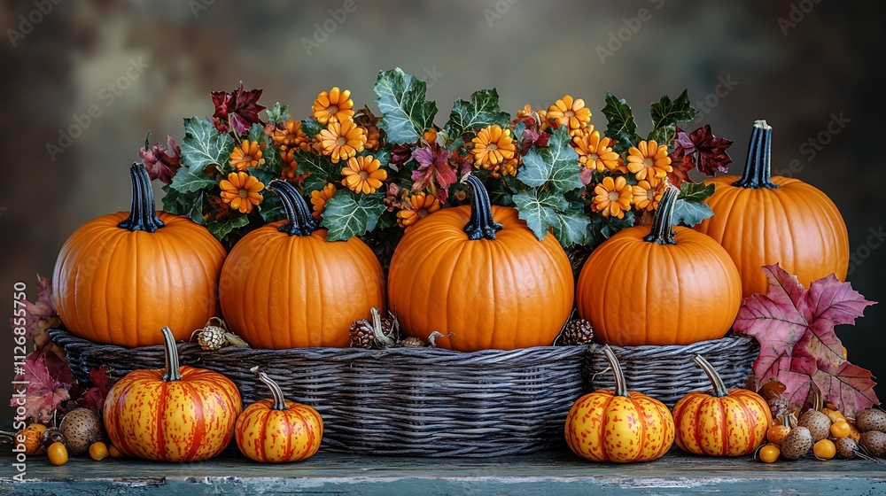 Autumn Harvest Display Of Pumpkins And Flowers Autumn Harvest Display Of Pumpkins And Flowers