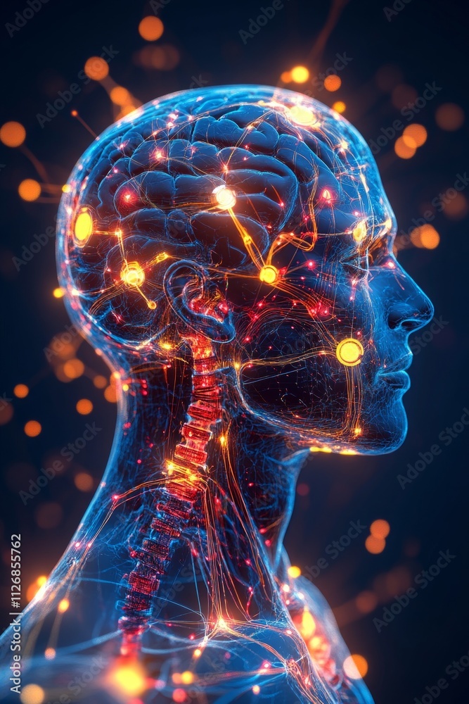 This visual presents the intricate relationship between brain activity, neural pathways, and devices designed for migraine relief This visual presents the intricate relationship between brain activity, neural pathways, and devices designed for migraine relief