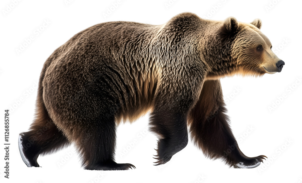 Obraz premium Grizzly bear walking with realistic fur texture, PNG image, Cutout, Isolated on white background