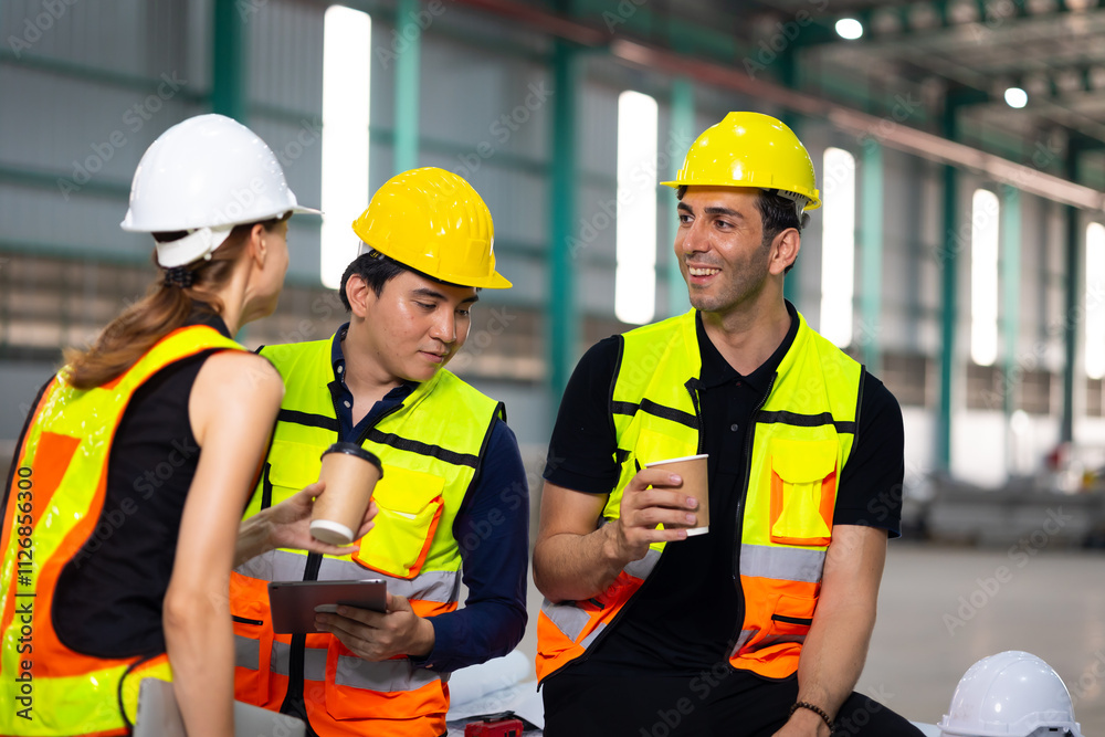 coffee break together in warehous. Ethnic diversity worker people, Success teamwork. Group of professional engineering people wearing hardhat safety helmet meeting coffee break together in warehous. Ethnic diversity worker people, Success teamwork. Group of professional engineering people wearing hardhat safety helmet meeting
