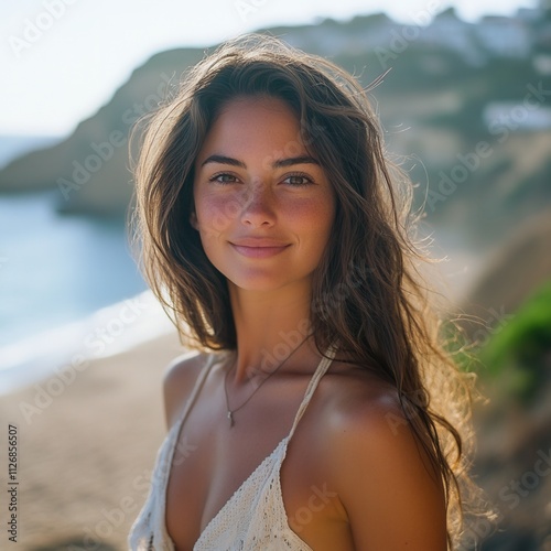 Smiling woman enjoying a sunny beach day.