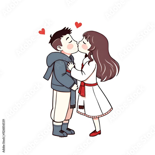 cartoon of a boy and girl kissing each other with hearts above them. photo