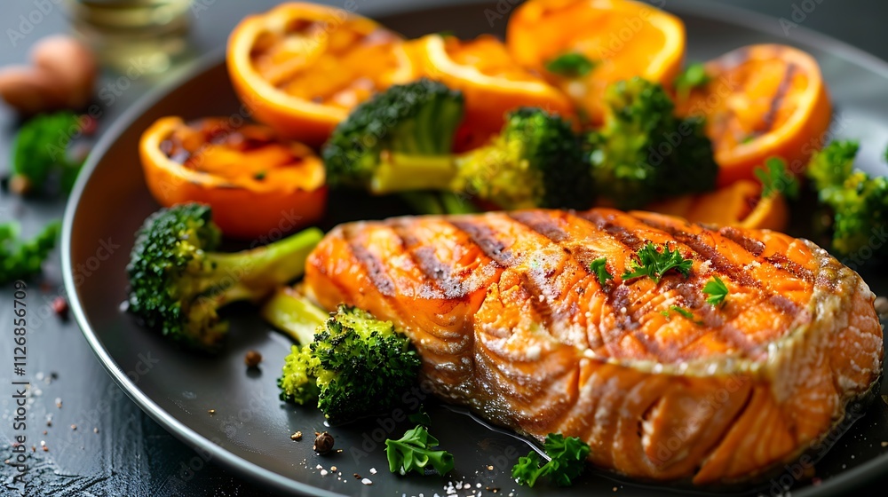 Sweet potatoes and broccoli with salmon steak on a dark plate Sweet potatoes and broccoli with salmon steak on a dark plate
