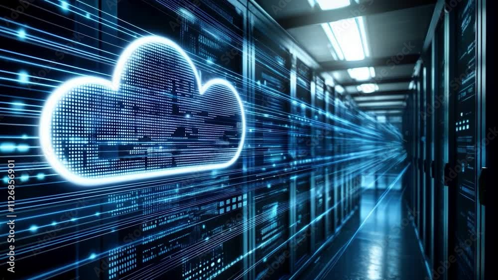 cloud computing digital data storage futuristic server room blue neon glow information transfer smooth 4k video motion footage