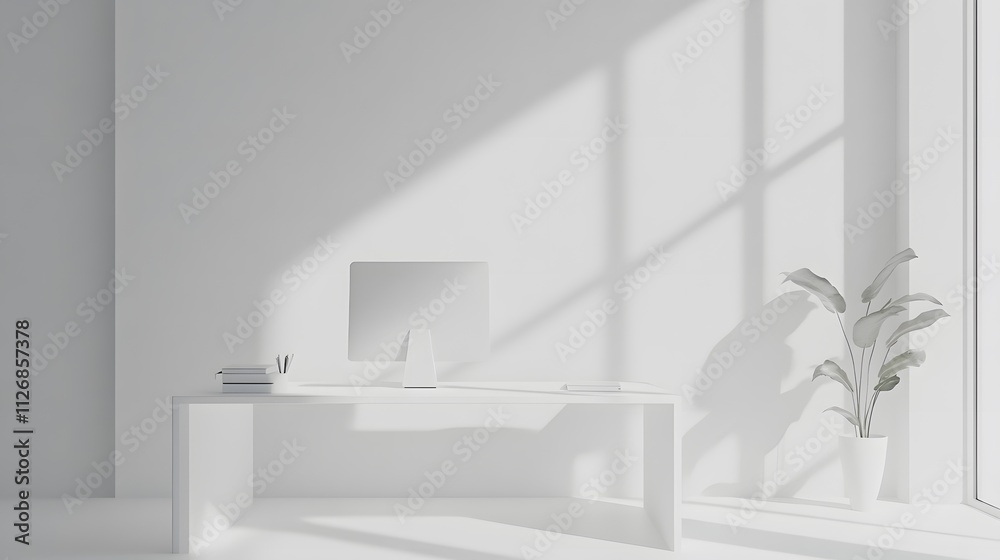 Fototapeta premium Minimalist White Office Workspace Design Featuring A Computer