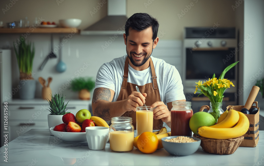 A cheerful chef in a modern kitchen, surrounded by fresh fruits and vegetables, preparing ingredients with a focus on healthy and creative cooking. A cheerful chef in a modern kitchen, surrounded by fresh fruits and vegetables, preparing ingredients with a focus on healthy and creative cooking.