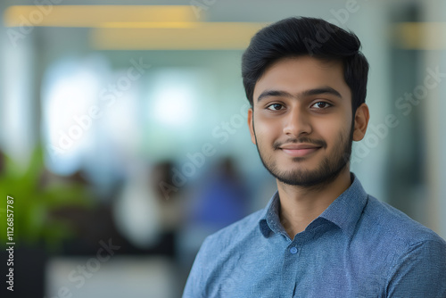 Portrait of successful young Indian businessman looking at camera and smiling inside modern office building