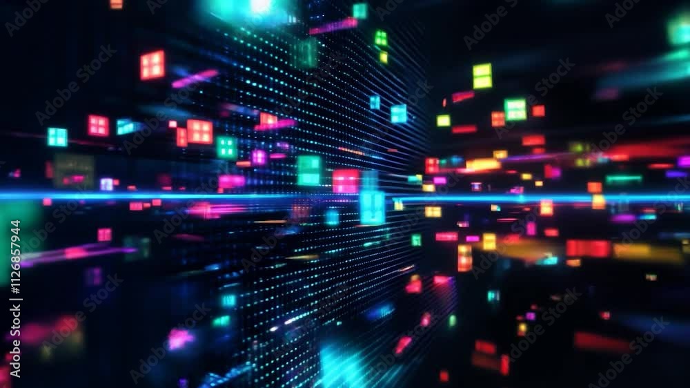 colorful neon tech data nodes abstract technology innovation background network information smooth 4k video motion footage