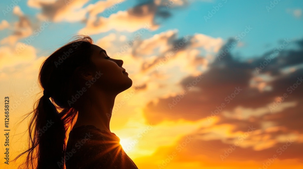 A girl stands with her profile towards the setting sun, illuminated by the warm hues of orange and gold. Clouds drift softly as she embraces the tranquility of the moment A girl stands with her profile towards the setting sun, illuminated by the warm hues of orange and gold. Clouds drift softly as she embraces the tranquility of the moment