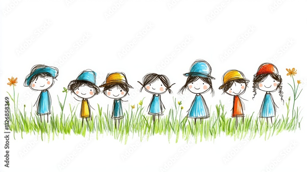 Fototapeta premium Playful Children Dancing in Colorful Hats in a Field of Flowers, Cheerful and Joyful Scene of Friendship