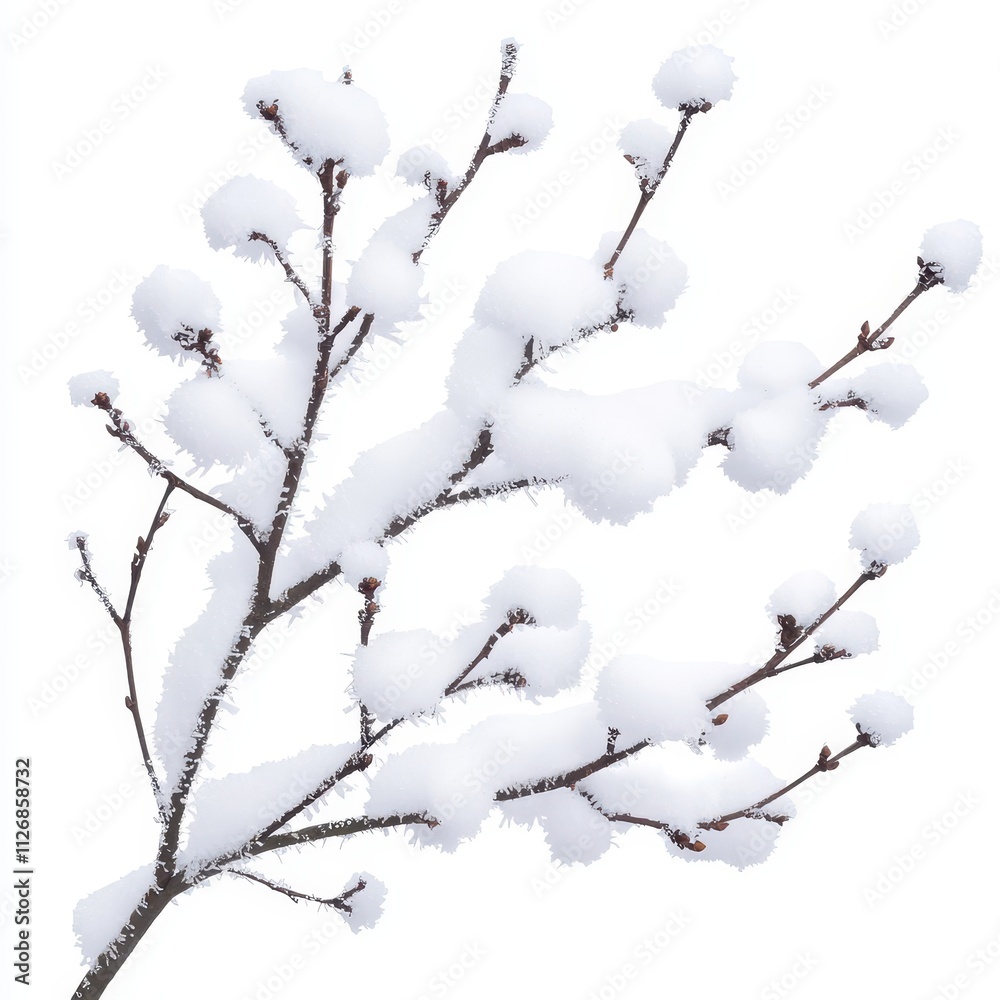 A delicate branch covered in fluffy snow, creating a serene winter scene against a bright, minimalist background.