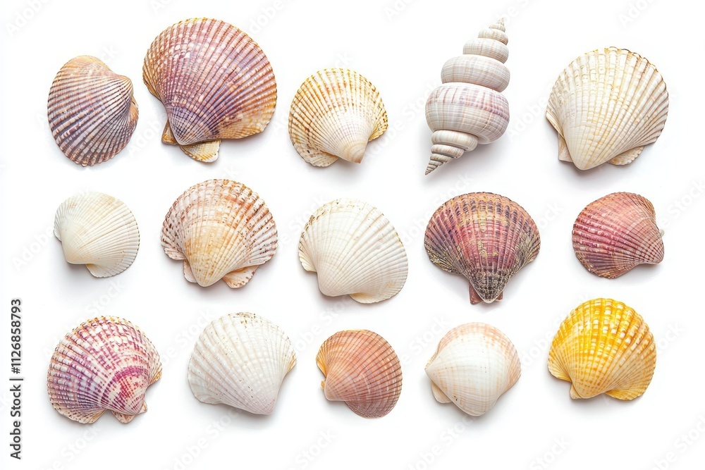 A collection of diverse seashells in various shapes, colors, and sizes, arranged neatly against a white background. A collection of diverse seashells in various shapes, colors, and sizes, arranged neatly against a white background.