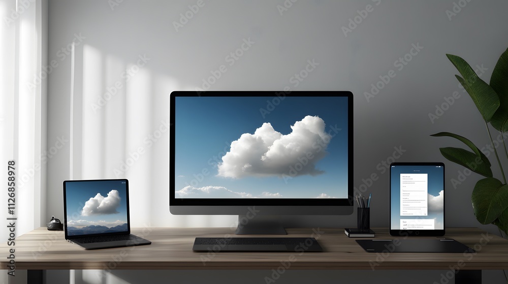 Fototapeta premium Modern Minimalist Workspace With Cloud Images On Screens