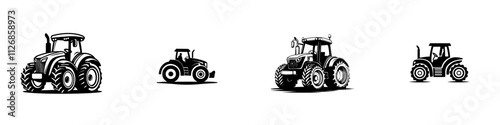 A minimalist monochrome logo featuring a farm tractor with a front loader, set against a white background, depicted as an isotype.