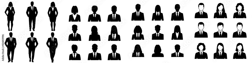 A set of modern icons featuring a business team, silhouetted people, employees, a group, and a crowd. A set of modern icons featuring a business team, silhouetted people, employees, a group, and a crowd.