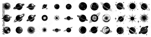 A collection of monochrome icons featuring various astronomical bodies, including stars, planets, galaxies, asteroids, and more.