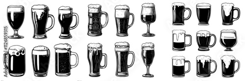 A set of monochrome modern beer glass icons with foam, isolated on a white background.