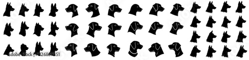 A collection of various dog breed silhouettes - contemporary black and white profile head outlines.