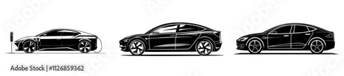 Electric car icon: a black symbol of an electrical automobile cable plug charging, representing an eco-friendly electro auto vehicle concept with a modern electricity illustration.