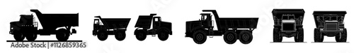 Silhouette of a dump truck on a white background. Vehicle icons displayed from side, front, back, and top views.