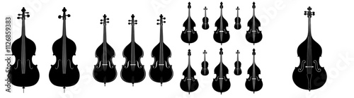 A modern black and white cello design featuring the outline and silhouette of a string musical instrument.