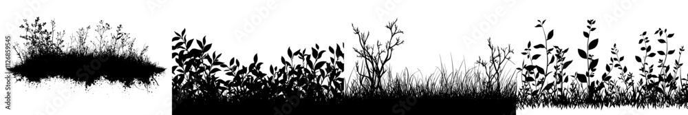 Fototapeta premium Collection of black and white silhouettes of shrubs and trees. A decorative design element in monochrome.