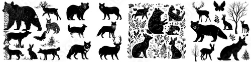 Collection of lifelike, intricate black modern silhouettes of wild animals from Eurasia and North America.
