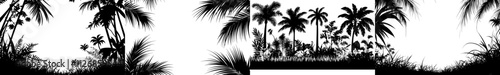 Palm leaves create a frame around a black silhouette of banana tree foliage. This exotic plant border showcases rainforest greenery with tropical branches, offering a decorative floral contour frame
