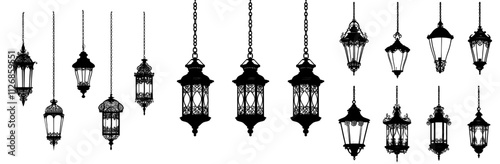 A set of modern urban silhouette designs featuring antique street lights hanging on chains in black and white.